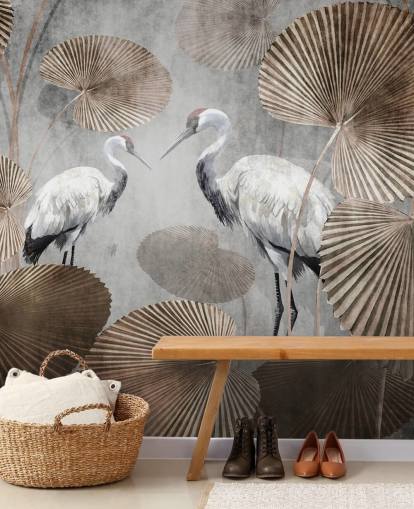 carta da parati murale vintage con giungla chiamata Vintage Jungle Cranes at Wallsauce per camere da letto, salotti e corridoi