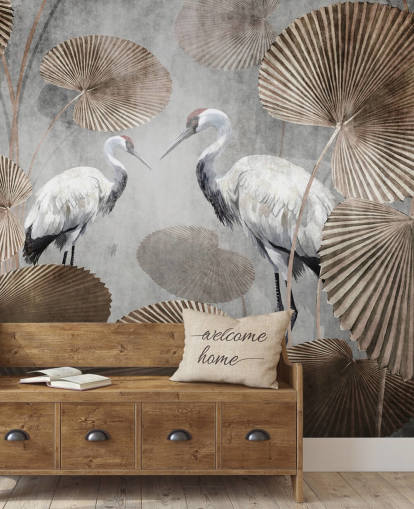 mural vintage de papel pintado de la jungla llamado Vintage Jungle Cranes at Wallsauce para dormitorios, salas de estar y pasillos