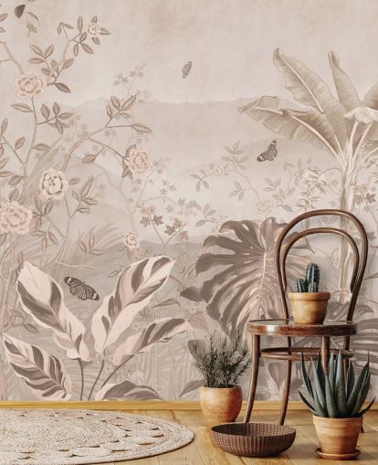 Sepia-Vintage-Tapeten-Wandbild mit dem Titel Vintage Sepia Palm Trees at Wallsauce