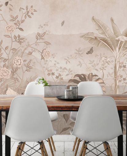 Sepia-Vintage-Tapeten-Wandbild mit dem Titel Vintage Sepia Palm Trees at Wallsauce