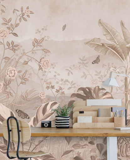 Sepia-Vintage-Tapeten-Wandbild mit dem Titel Vintage Sepia Palm Trees at Wallsauce