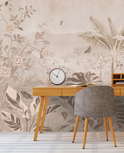 Sepia-Vintage-Tapeten-Wandbild mit dem Titel Vintage Sepia Palm Trees at Wallsauce