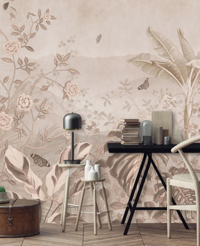 mural de papel pintado vintage en sepia llamado Vintage Sepia Palm Trees en Wallsauce