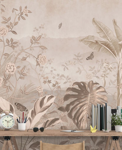 seepia vintage -taustakuvamaalaus nimeltä Vintage Sepia Palm Trees Wallsaucessa