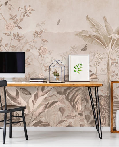 Sepia-Vintage-Tapeten-Wandbild mit dem Titel Vintage Sepia Palm Trees at Wallsauce