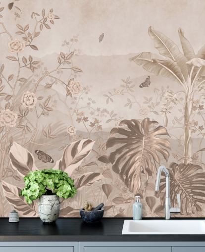 mural de papel de parede vintage sépia chamado Vintage Sepia Palm Trees em Wallsauce