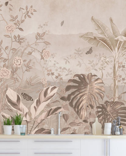 mural de papel pintado vintage en sepia llamado Vintage Sepia Palm Trees en Wallsauce