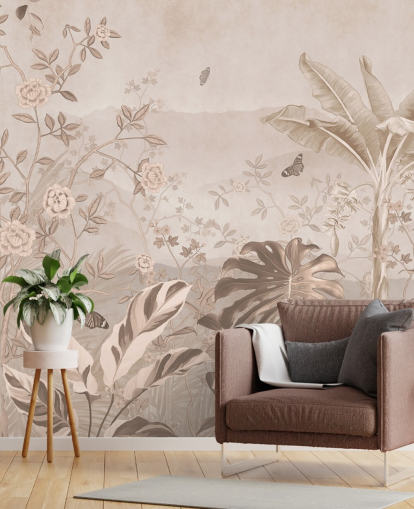 mural de papel de parede vintage sépia chamado Vintage Sepia Palm Trees em Wallsauce