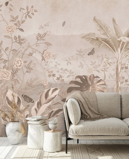 seepia vintage -taustakuvamaalaus nimeltä Vintage Sepia Palm Trees Wallsaucessa