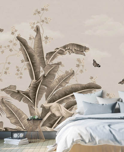 vintage tropisk tapetmaleri kaldet Vintage Tropical Forest and Butterflies på Wallsauce