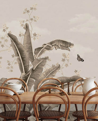 Tropisches Vintage-Tapeten-Wandbild mit dem Titel Vintage Tropical Forest and Butterflies at Wallsauce
