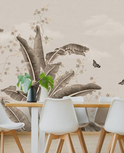mural de papel de parede tropical vintage chamado Vintage Tropical Forest and Butterflies at Wallsauce