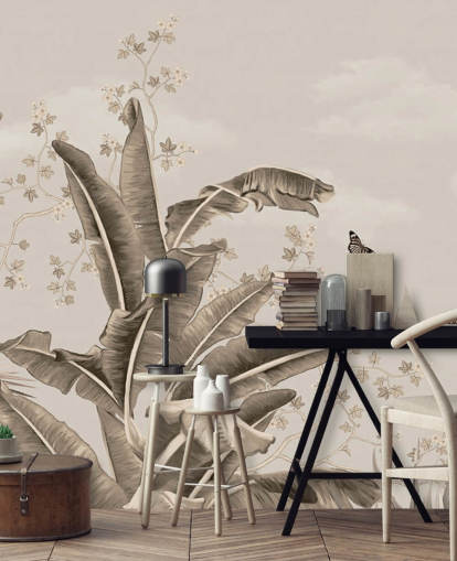 vintage tropisk tapet veggmaleri kalt Vintage Tropical Forest and Butterflies på Wallsauce