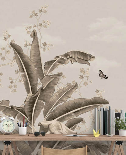 vintage tropisk tapet veggmaleri kalt Vintage Tropical Forest and Butterflies på Wallsauce