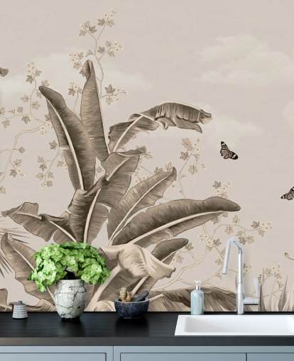 Tropisches Vintage-Tapeten-Wandbild mit dem Titel Vintage Tropical Forest and Butterflies at Wallsauce