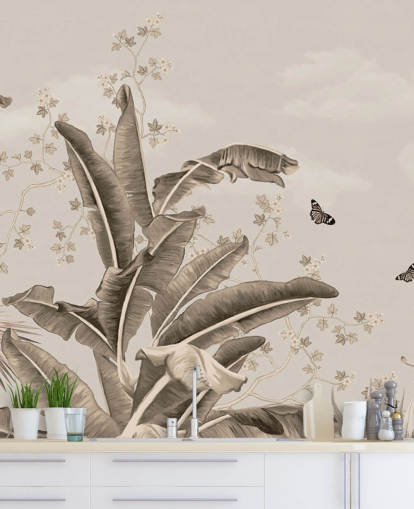 vintage tropisk tapetmaleri kaldet Vintage Tropical Forest and Butterflies på Wallsauce