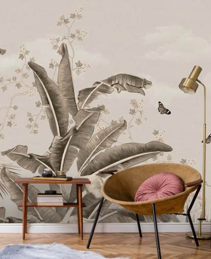 papier peint mural tropical vintage appelé Vintage Tropical Forest and Butterflies at Wallsauce