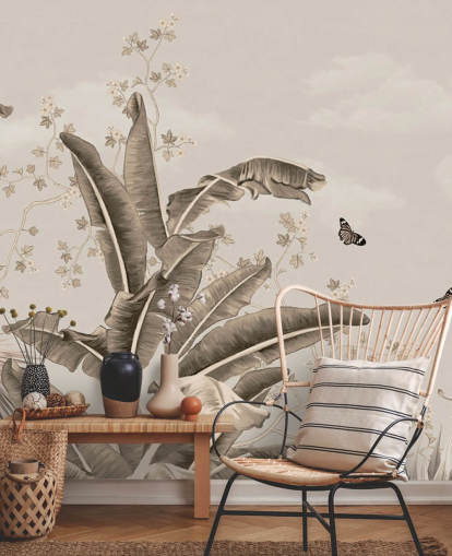 vintage tropical wallpaper mural called Vintage Tropical Forest and Butterflies at Wallsauce