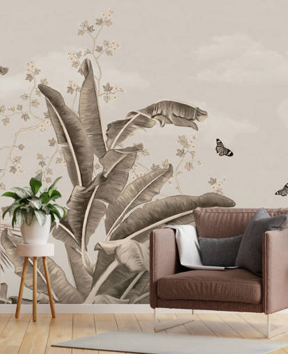 Tropisches Vintage-Tapeten-Wandbild mit dem Titel Vintage Tropical Forest and Butterflies at Wallsauce