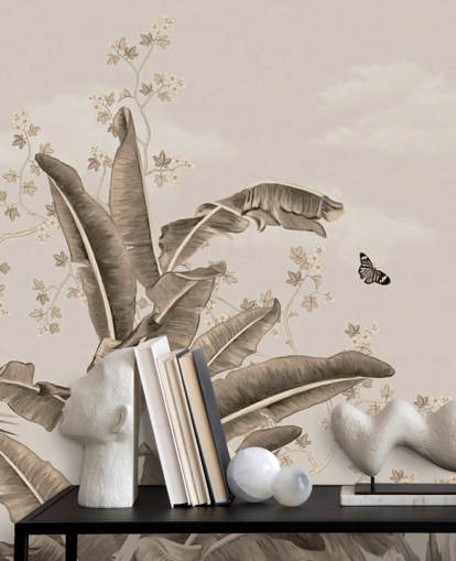 papier peint mural tropical vintage appelé Vintage Tropical Forest and Butterflies at Wallsauce