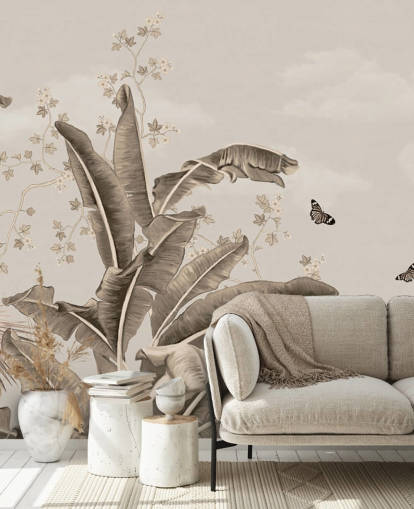 mural de papel pintado tropical vintage llamado Vintage Tropical Forest and Butterflies en Wallsauce