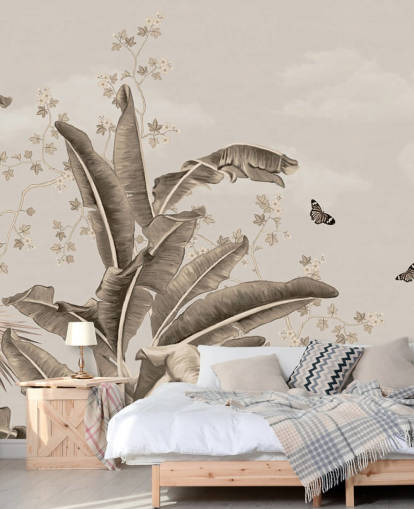 vintage tropical wallpaper mural called Vintage Tropical Forest and Butterflies at Wallsauce