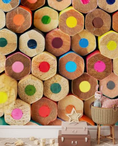 carta da parati murale a matita colorata per bambini chiamata Pencil Pattern per asili nido, scuole e camerette dei bambini