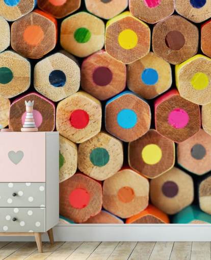 carta da parati murale a matita colorata per bambini chiamata Pencil Pattern per asili nido, scuole e camerette dei bambini