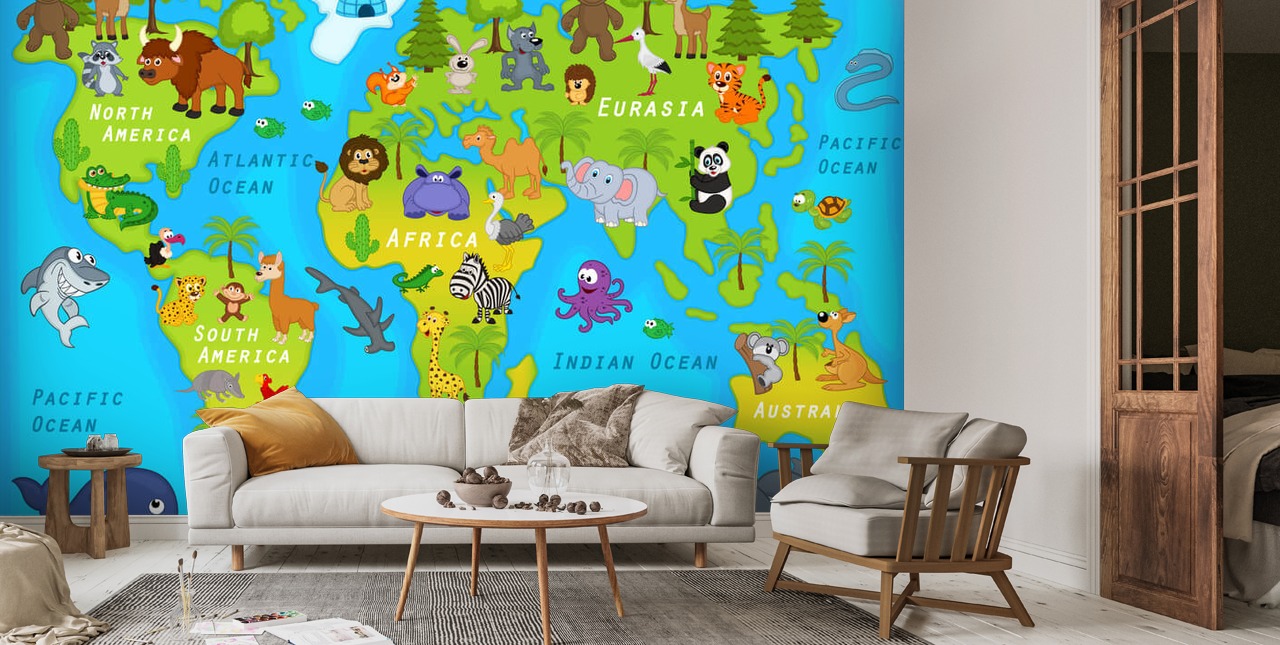 Papier peint Carte du monde avec des animaux | Wallsauce FR