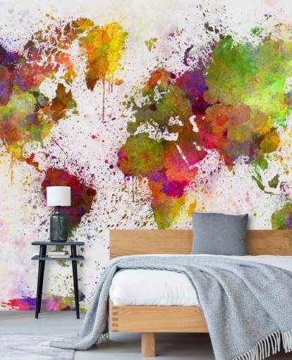 colourful map wallpaper mural called World Map Colour Splash for home offices, bedrooms and more
