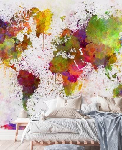mural de papel pintado con un mapa colorido llamado World Map Colour Splash para el hogar, oficinas, dormitorios y más