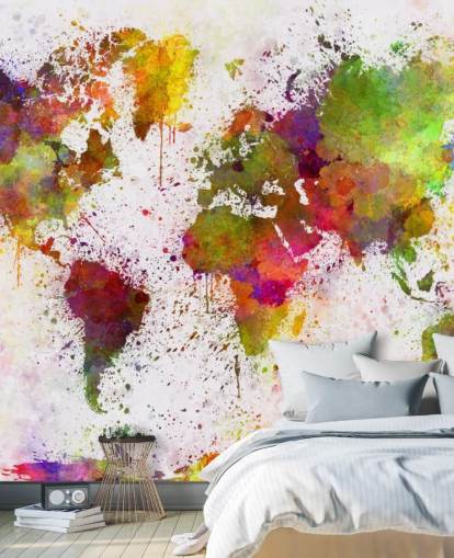 mural de papel pintado con un mapa colorido llamado World Map Colour Splash para el hogar, oficinas, dormitorios y más
