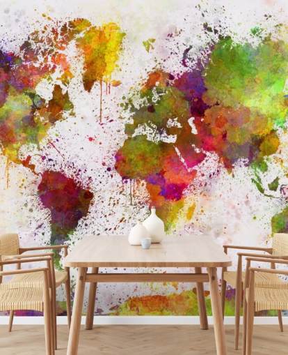 colorful map wallpaper mural called World Map Color Splash for home offices, bedrooms and more