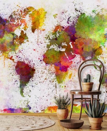 färgglad karta tapet väggmålning som heter World Map Colour Splash för hemmakontor, sovrum och mer färgglad karta tapet väggmålning som heter World Map Colour Splash för hemmakontor, sovrum och mer