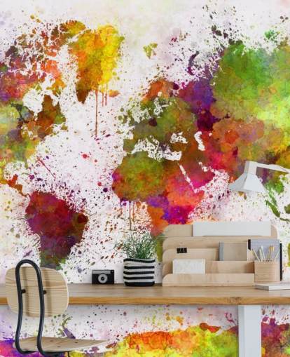 colorful map wallpaper mural called World Map Color Splash for home offices, bedrooms and more