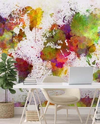 colorful map wallpaper mural called World Map Color Splash for home offices, bedrooms and more