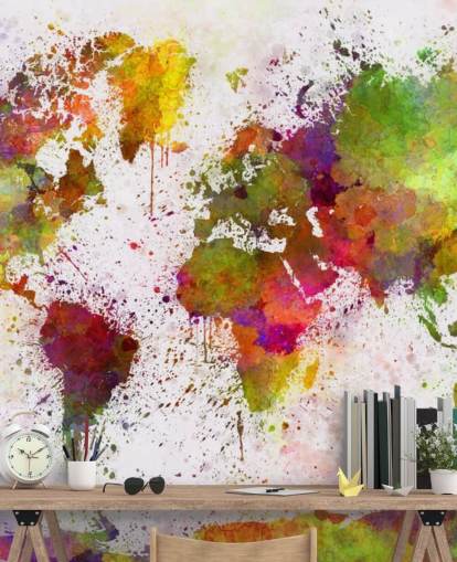 farbenfrohe Landkarten-Tapete namens World Map Colour Splash für Heimbüros, Schlafzimmer und mehr