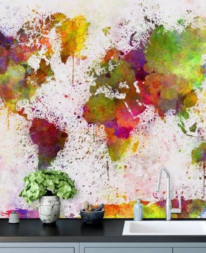 värikäs karttataustakuva, nimeltään World Map Colour Splash kotitoimistoihin, makuuhuoneisiin ja muuhun