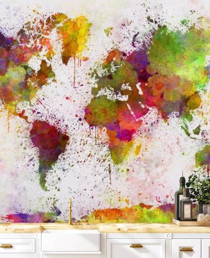 colorful map wallpaper mural called World Map Color Splash for home offices, bedrooms and more