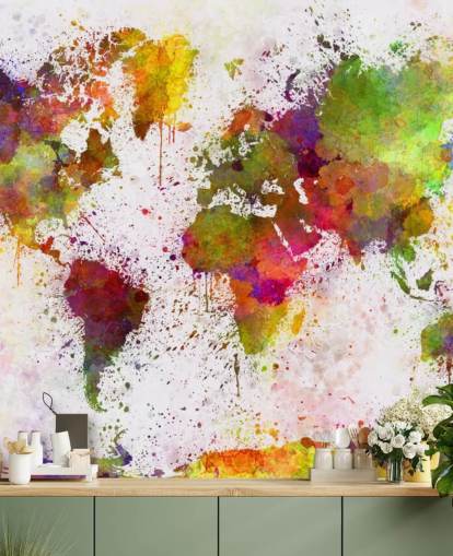 colourful map wallpaper mural called World Map Colour Splash for home offices, bedrooms and more