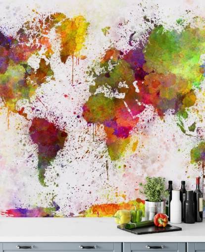 farbenfrohe Landkarten-Tapete namens World Map Colour Splash für Heimbüros, Schlafzimmer und mehr