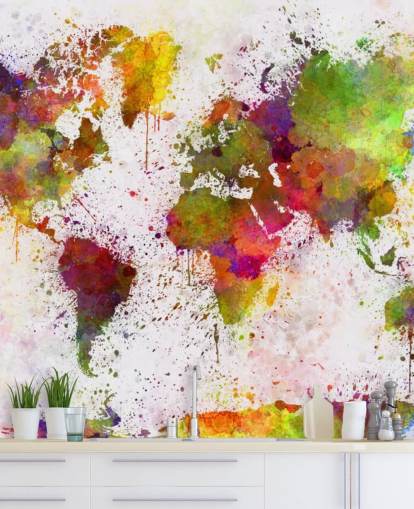 farverigt kort tapetmaleri kaldet World Map Colour Splash til hjemmekontorer, soveværelser og mere farverigt kort tapetmaleri kaldet World Map Colour Splash til hjemmekontorer, soveværelser og mere