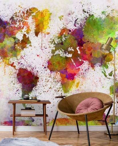 carta da parati murale con mappa colorata chiamata World Map Colour Splash per casa, uffici, camere da letto e altro