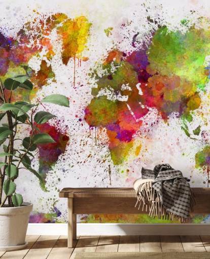 mural de papel pintado con un mapa colorido llamado World Map Colour Splash para el hogar, oficinas, dormitorios y más