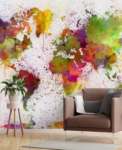 farverigt kort tapetmaleri kaldet World Map Colour Splash til hjemmekontorer, soveværelser og mere farverigt kort tapetmaleri kaldet World Map Colour Splash til hjemmekontorer, soveværelser og mere