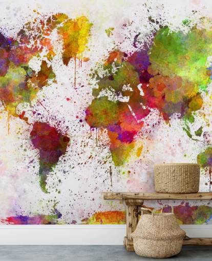 mural de papel pintado con un mapa colorido llamado World Map Colour Splash para el hogar, oficinas, dormitorios y más