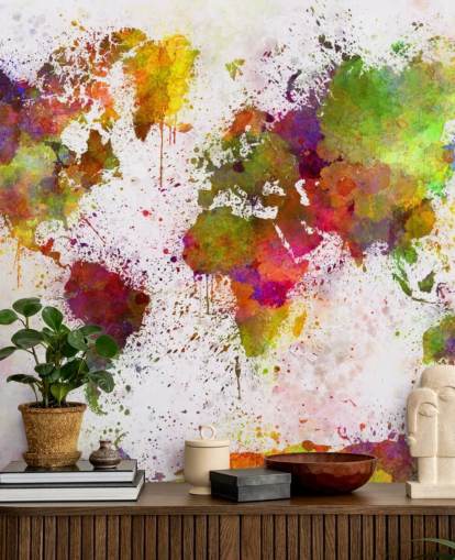 colourful map wallpaper mural called World Map Colour Splash for home offices, bedrooms and more