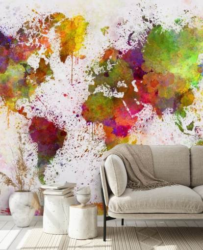 farverigt kort tapetmaleri kaldet World Map Colour Splash til hjemmekontorer, soveværelser og mere farverigt kort tapetmaleri kaldet World Map Colour Splash til hjemmekontorer, soveværelser og mere