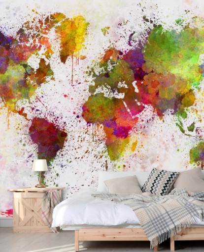 mural de papel pintado con un mapa colorido llamado World Map Colour Splash para el hogar, oficinas, dormitorios y más