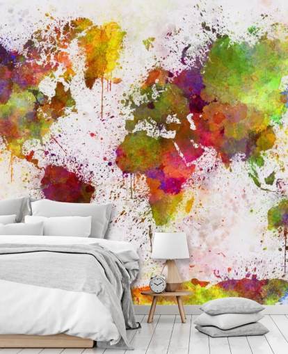 colorful map wallpaper mural called World Map Color Splash for home offices, bedrooms and more